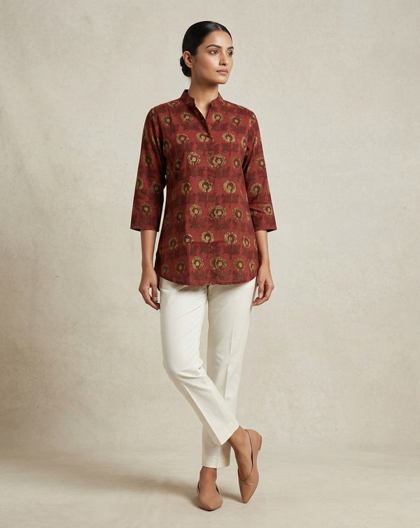 Deep Rust Floral Print Mandarin Collar Tunic