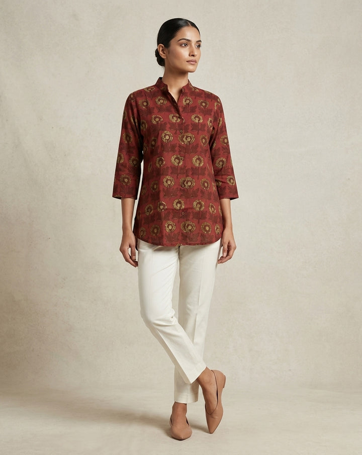 Deep Rust Floral Print Mandarin Collar Tunic