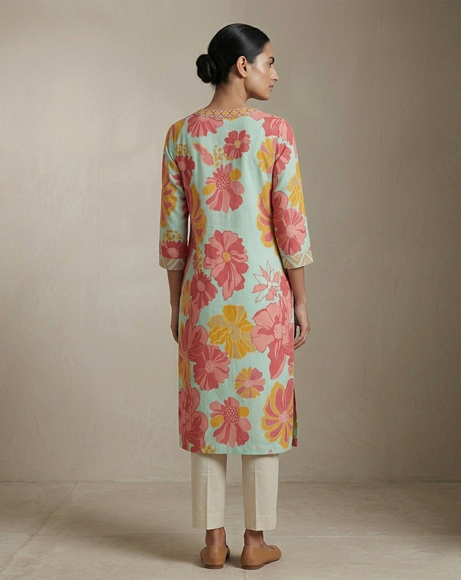 Mint Green Floral Print V-Neck Straight Kurti