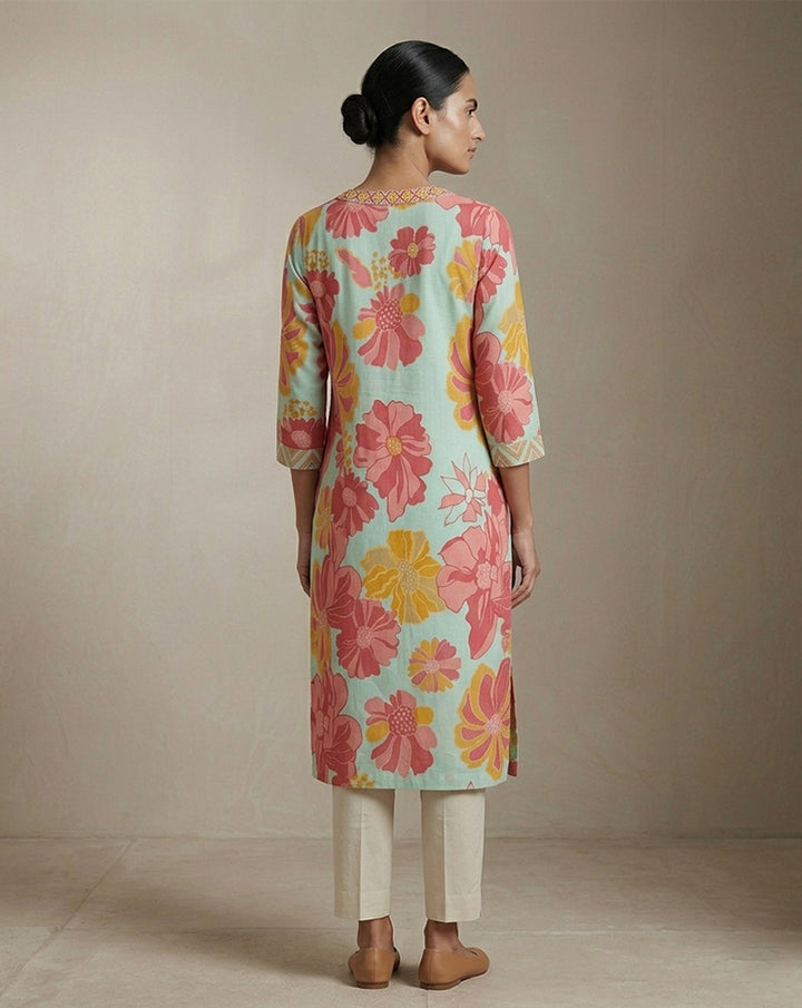 Mint Green Floral Print V-Neck Straight Kurti