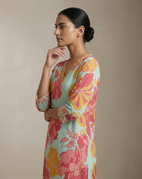 Mint Green Floral Print V-Neck Straight Kurti 2