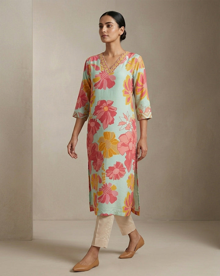 Mint Green Floral Print V-Neck Straight Kurti