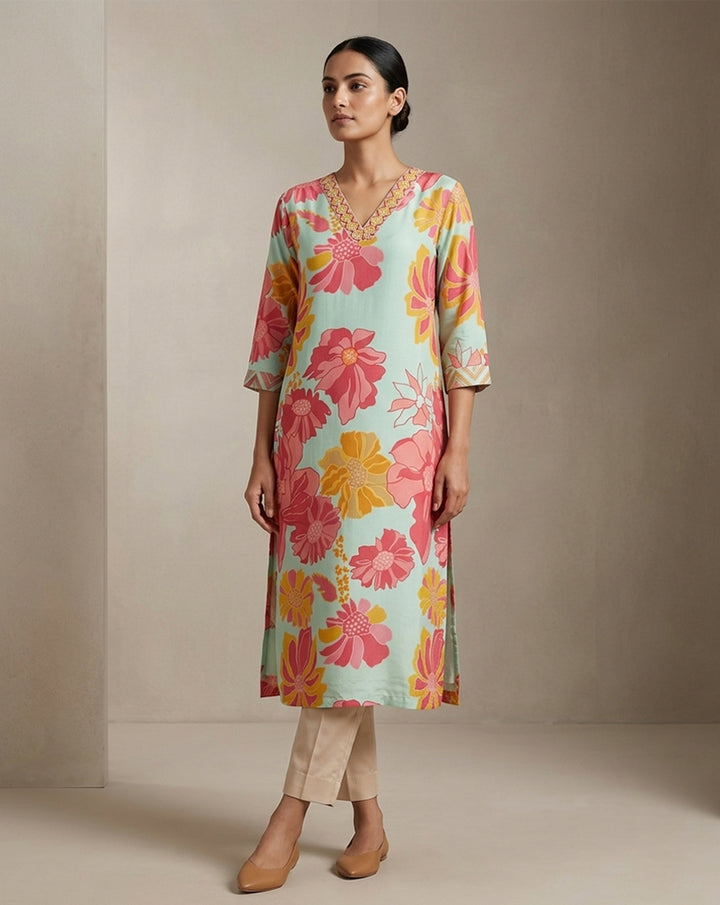 Mint Green Floral Print V-Neck Straight Kurti