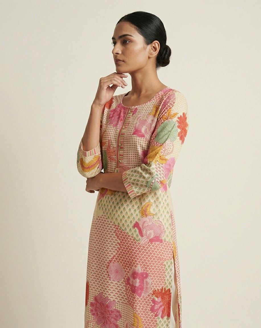 Cream &amp; Pink Floral Patchwork Print Straight Kurti