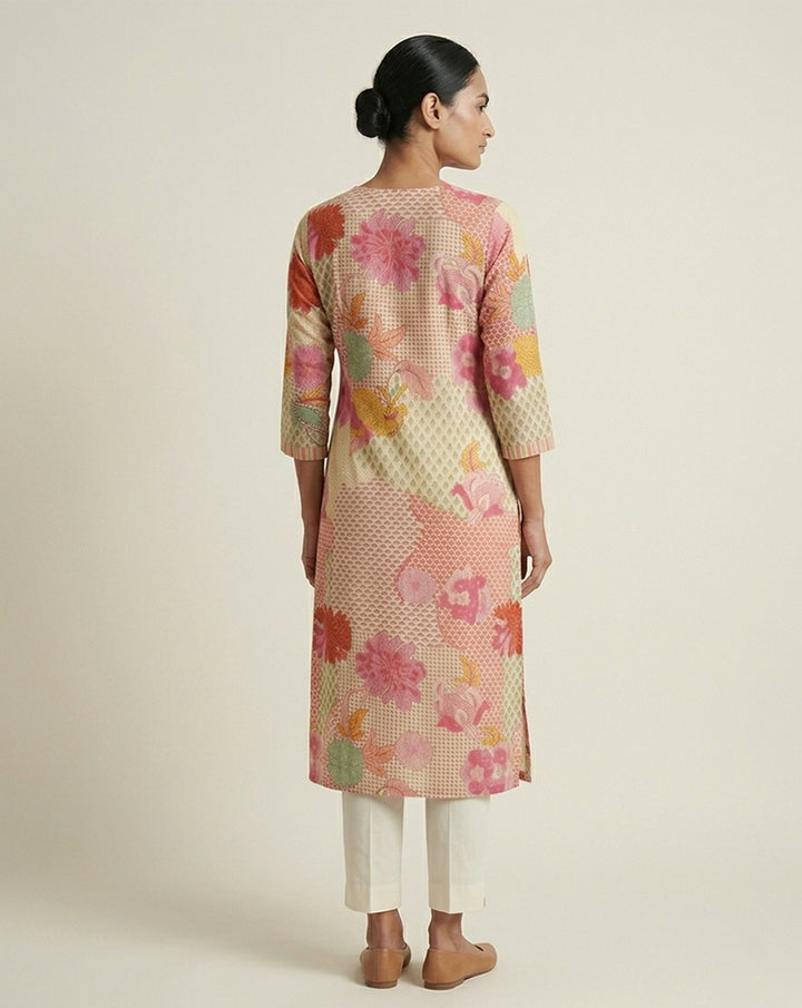 Cream &amp; Pink Floral Patchwork Print Straight Kurti