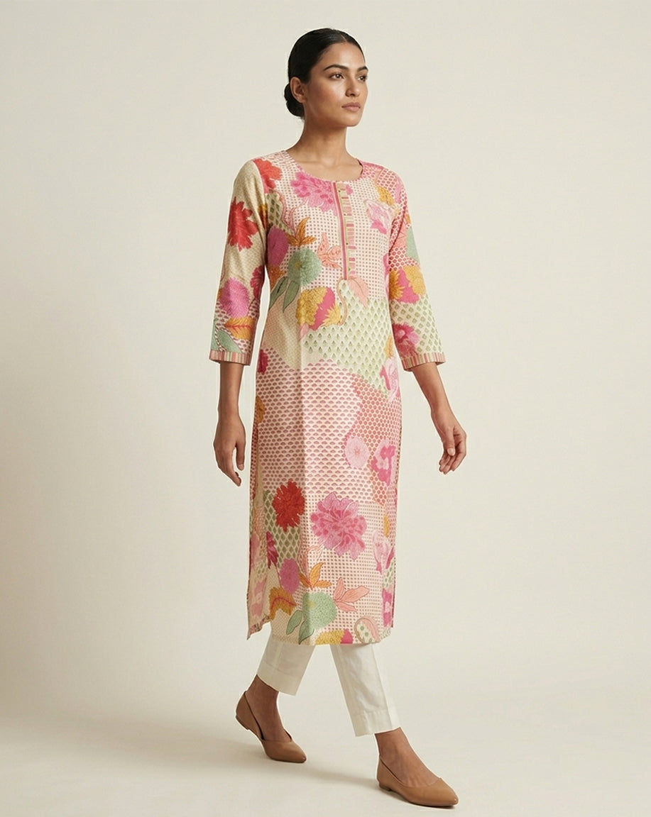Cream &amp; Pink Floral Patchwork Print Straight Kurti