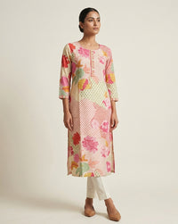 Cream & Pink Floral Patchwork Print Straight Kurti 1