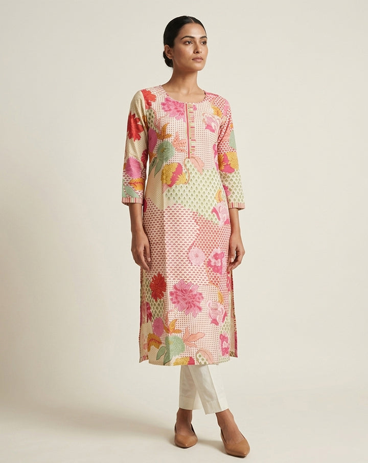 Cream &amp; Pink Floral Patchwork Print Straight Kurti