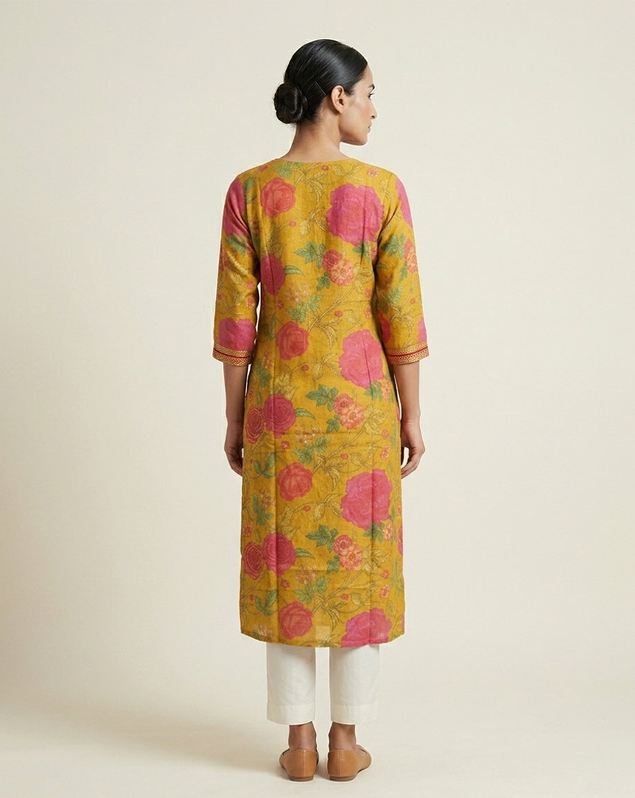 Mustard &amp; Pink Floral Print V-Neck Straight Kurti