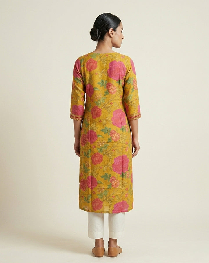 Mustard &amp; Pink Floral Print V-Neck Straight Kurti