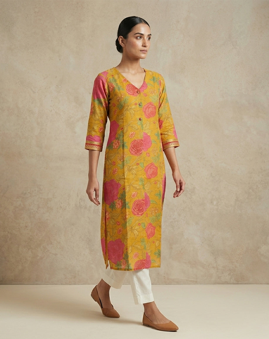 Mustard &amp; Pink Floral Print V-Neck Straight Kurti