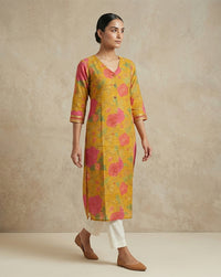 Mustard & Pink Floral Print V-Neck Straight Kurti 3
