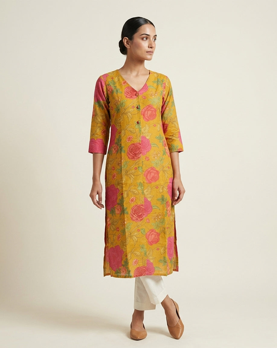Mustard &amp; Pink Floral Print V-Neck Straight Kurti