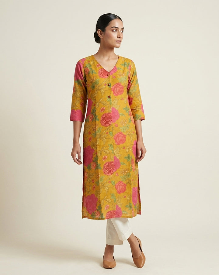 Mustard &amp; Pink Floral Print V-Neck Straight Kurti
