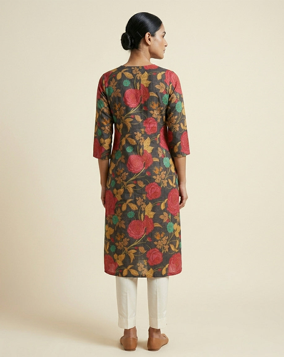 Black Botanical Floral Print V-Neck Straight Kurti