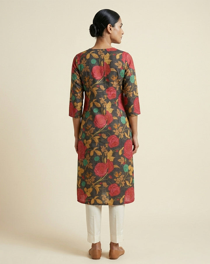 Black Botanical Floral Print V-Neck Straight Kurti