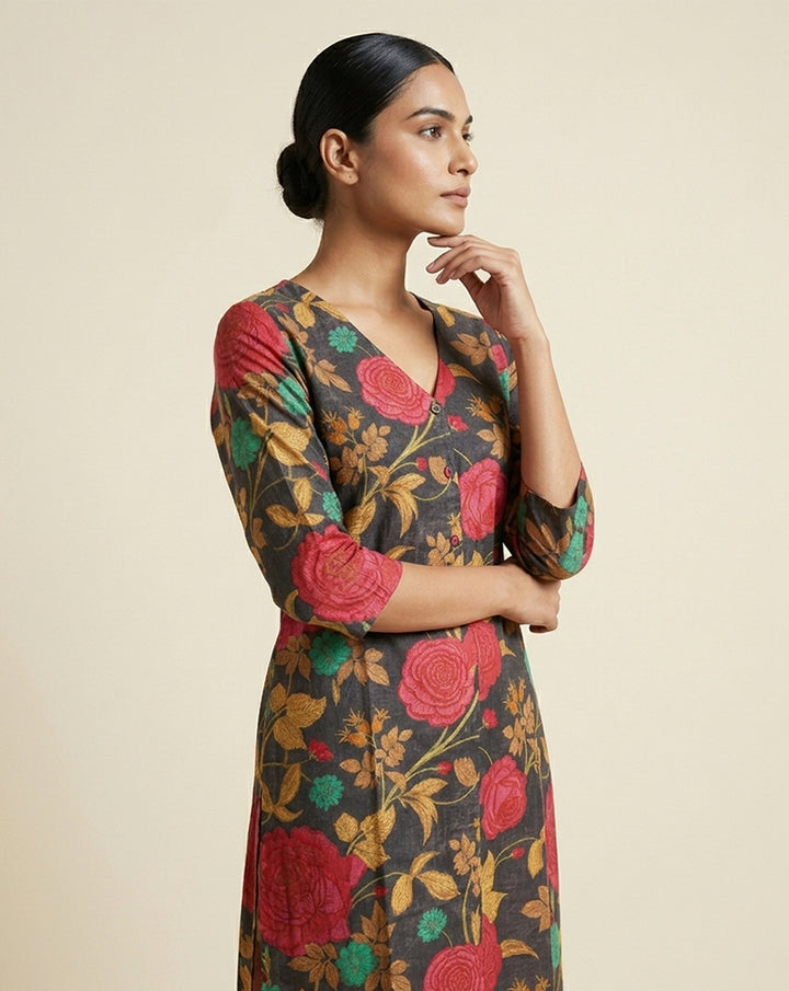 Black Botanical Floral Print V-Neck Straight Kurti