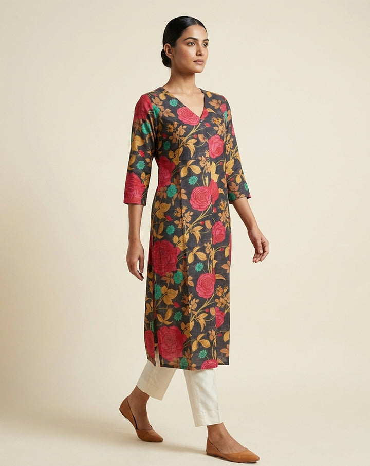 Black Botanical Floral Print V-Neck Straight Kurti