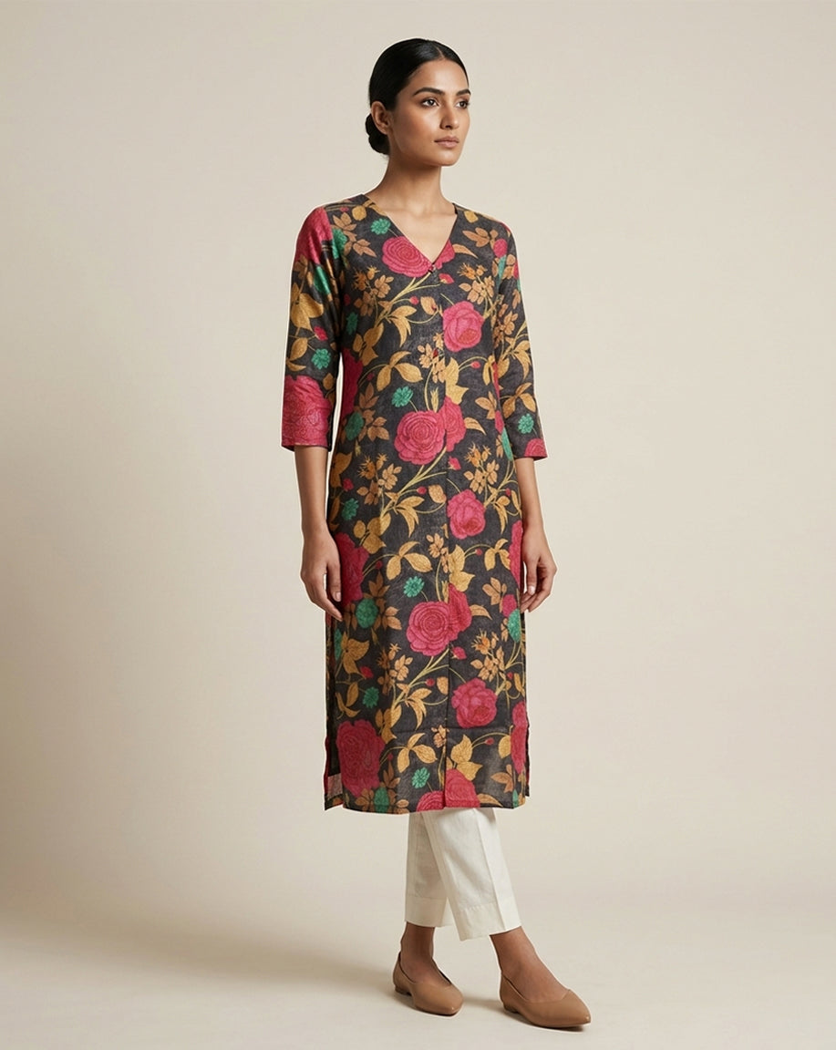 Black Botanical Floral Print V-Neck Straight Kurti