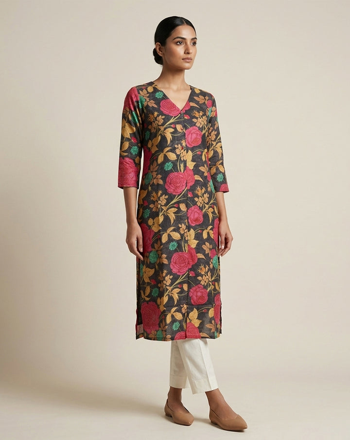 Black Botanical Floral Print V-Neck Straight Kurti