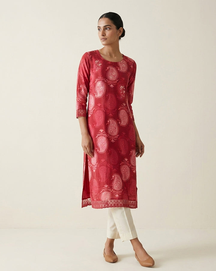 Deep Red Paisley Print Straight Kurti with Border Detail