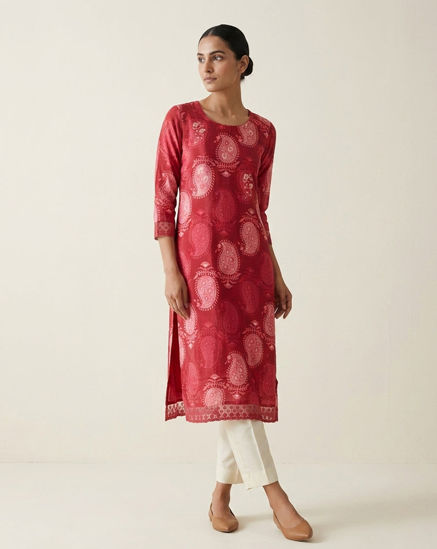 Deep Red Paisley Print Straight Kurti with Border Detail