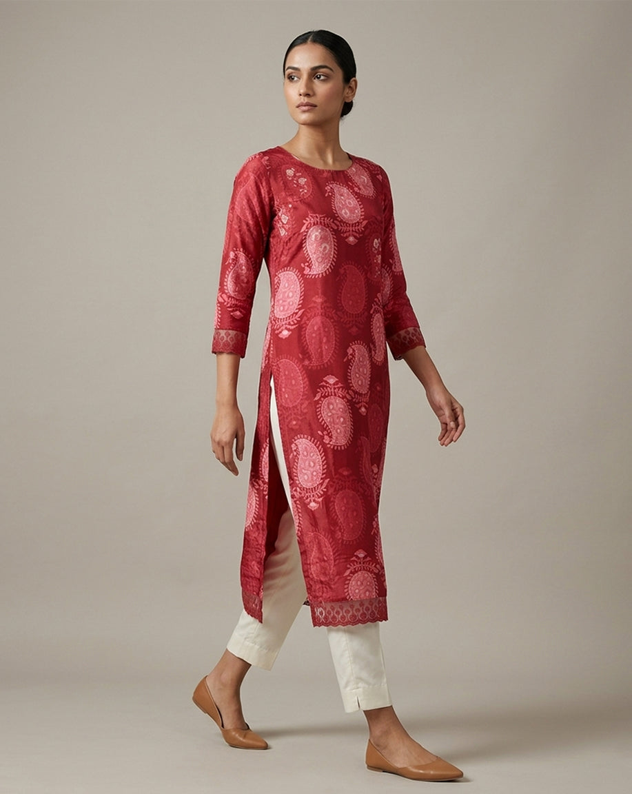 Deep Red Paisley Print Straight Kurti with Border Detail