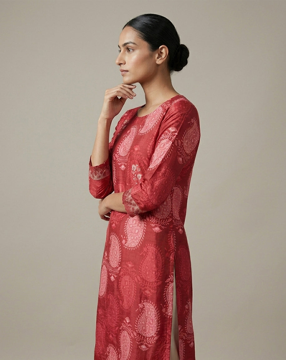 Deep Red Paisley Print Straight Kurti with Border Detail