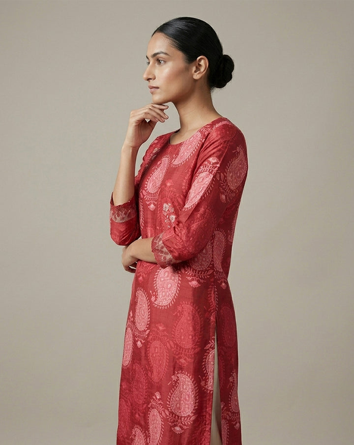 Deep Red Paisley Print Straight Kurti with Border Detail