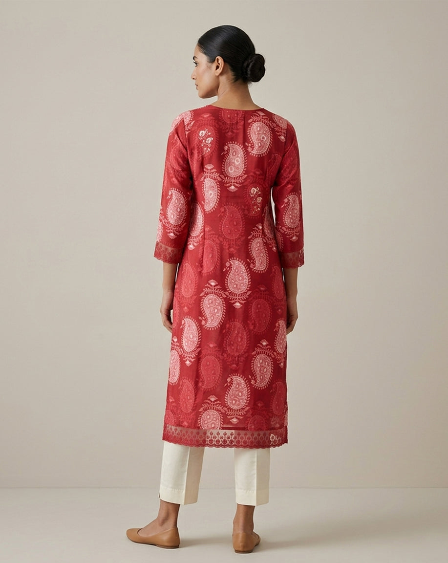 Deep Red Paisley Print Straight Kurti with Border Detail