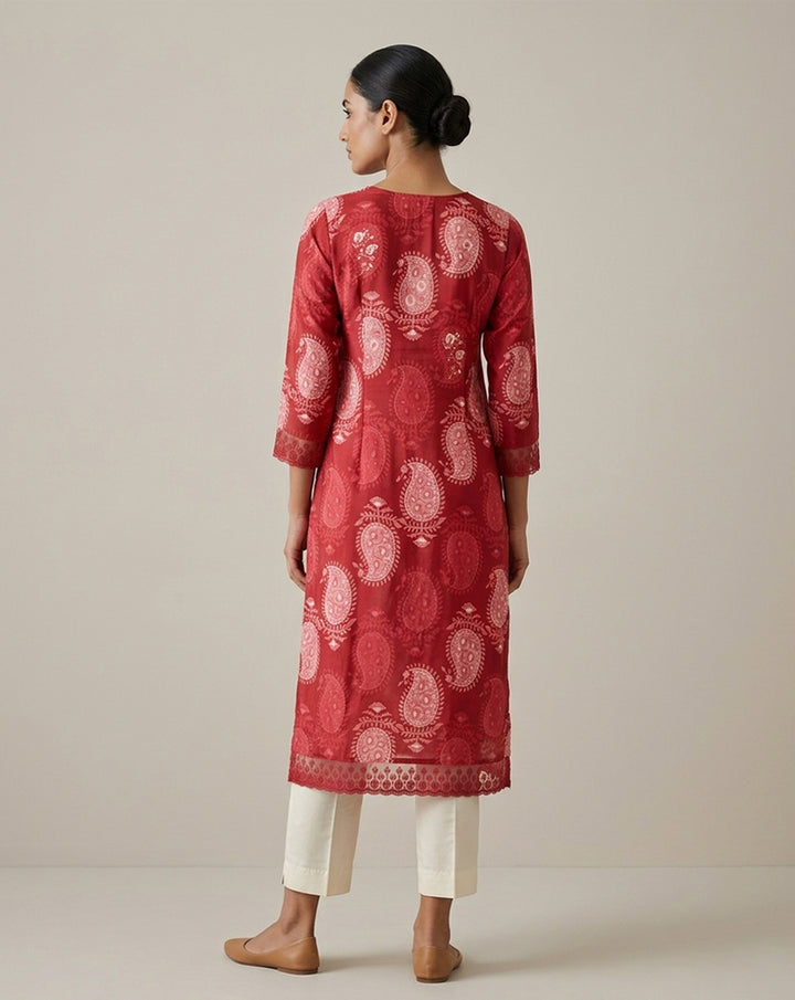 Deep Red Paisley Print Straight Kurti with Border Detail