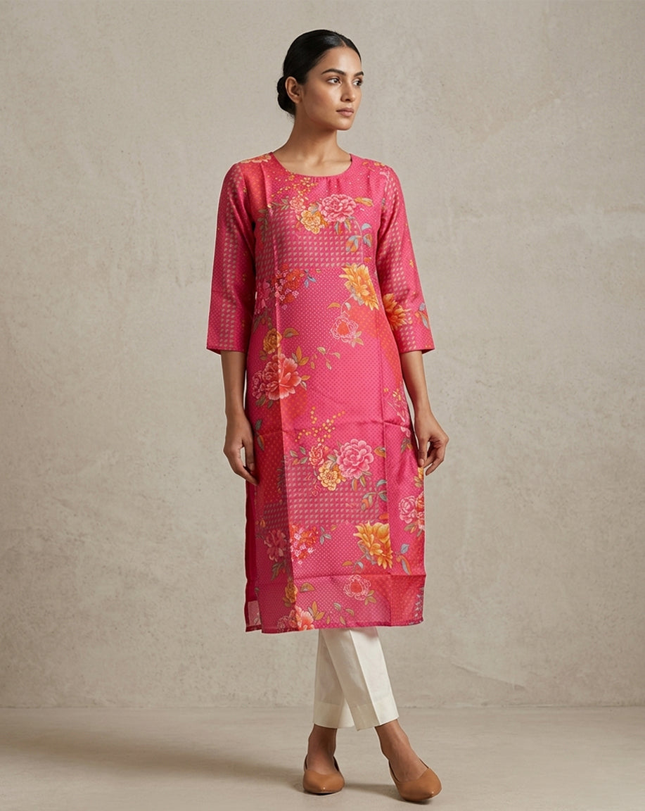 Vibrant Pink Floral Geometric Print Straight Kurti