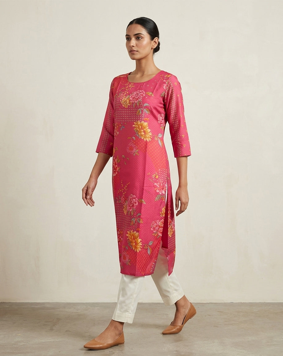 Vibrant Pink Floral Geometric Print Straight Kurti