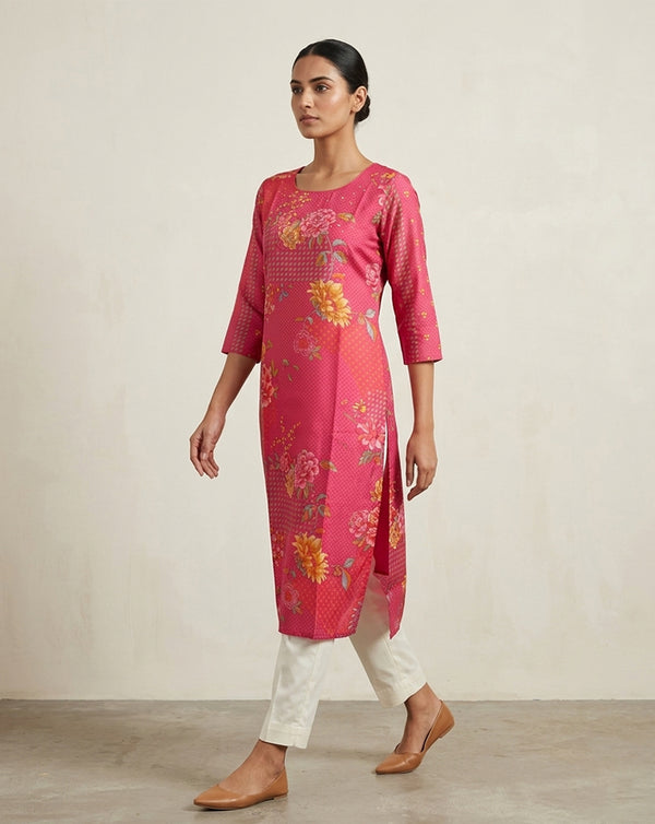 Vibrant Pink Floral Geometric Print Straight Kurti