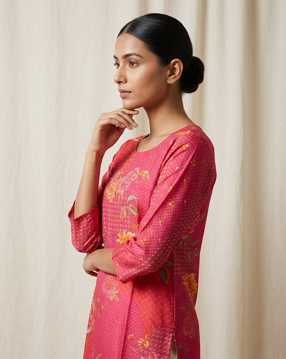 Vibrant Pink Floral Geometric Print Straight Kurti