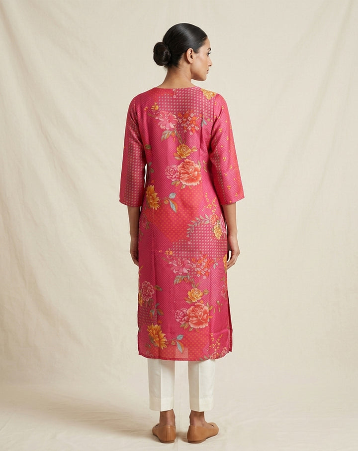 Vibrant Pink Floral Geometric Print Straight Kurti