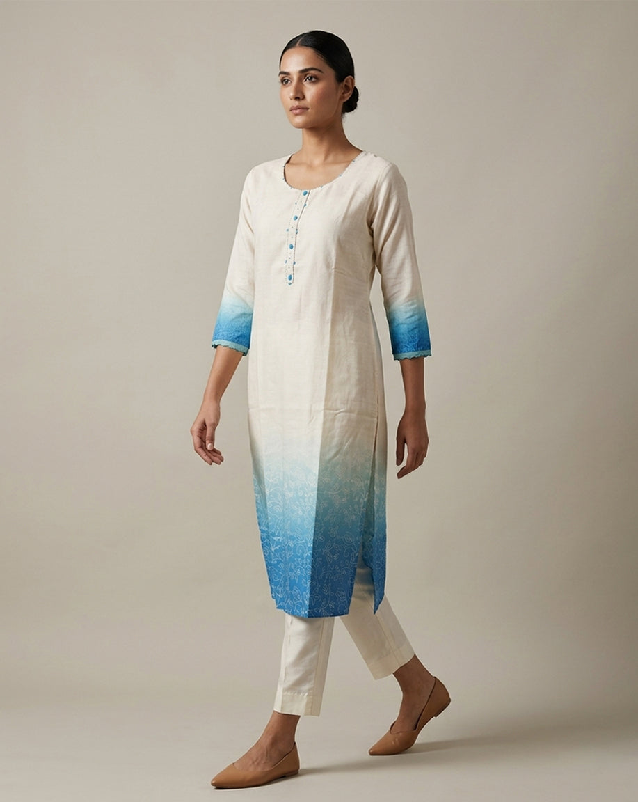Off-White &amp; Blue Ombré Floral Print Straight Kurti