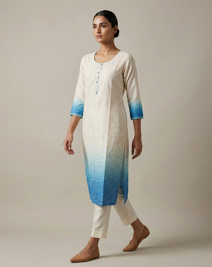 Off-White &amp; Blue Ombré Floral Print Straight Kurti