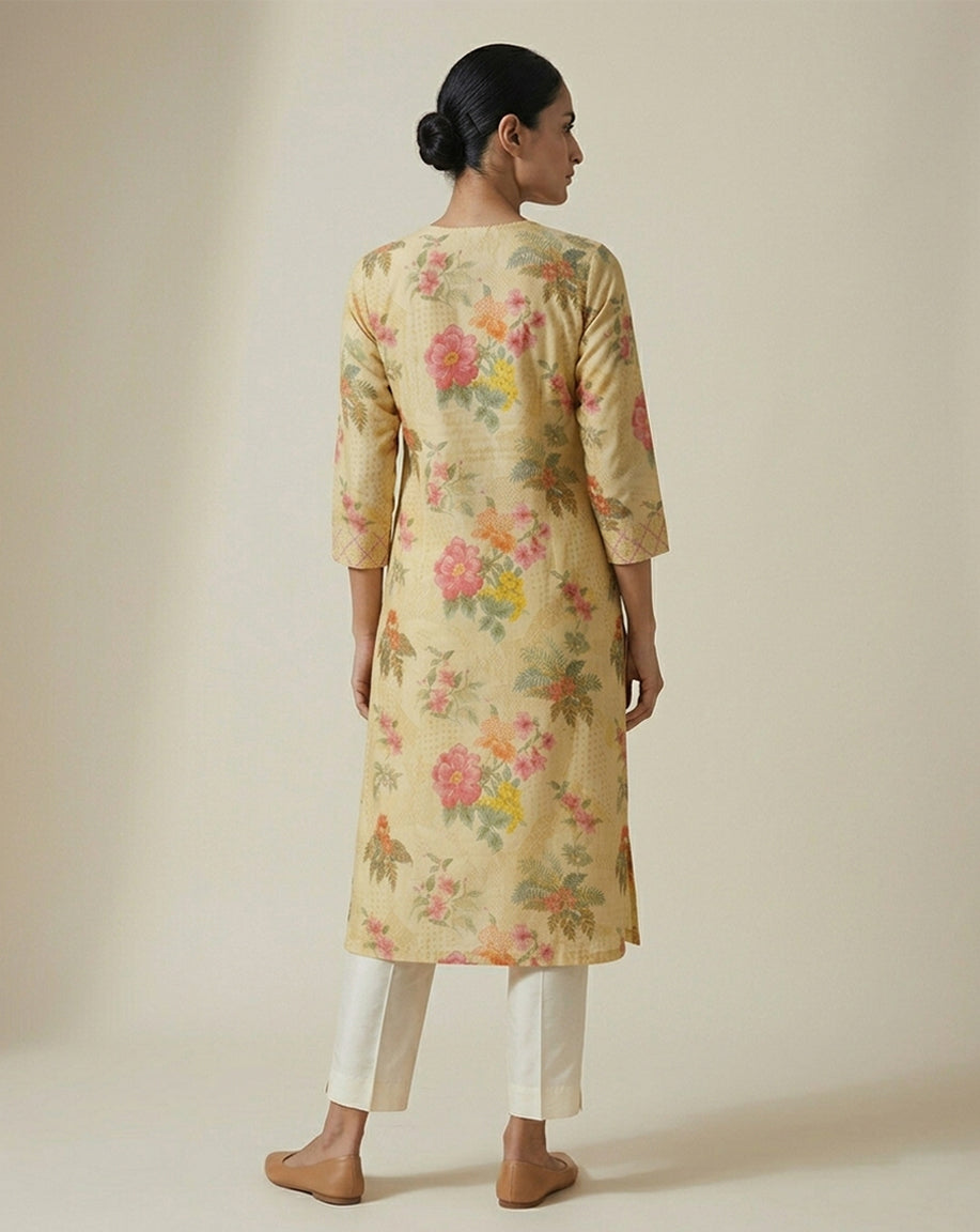 Pastel Yellow Floral Garden Print Straight Kurti