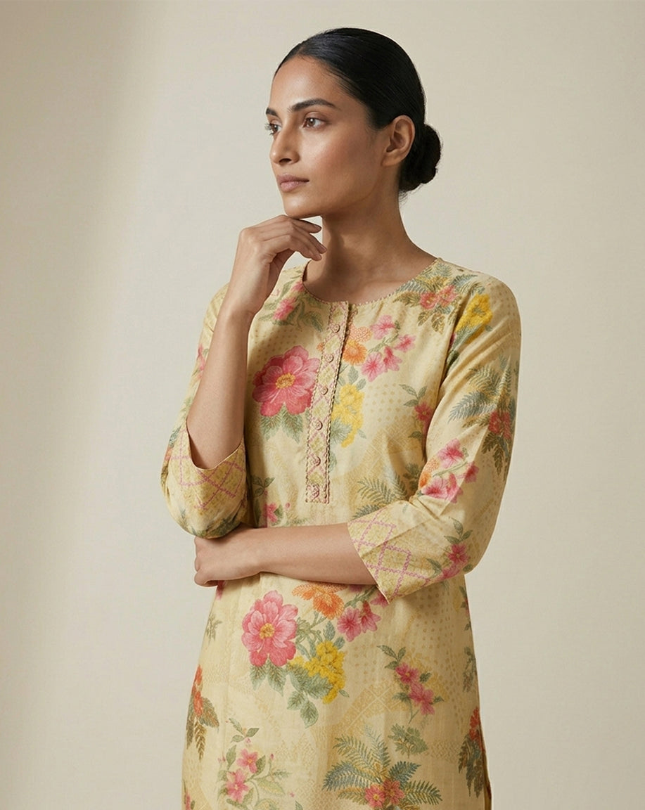 Pastel Yellow Floral Garden Print Straight Kurti