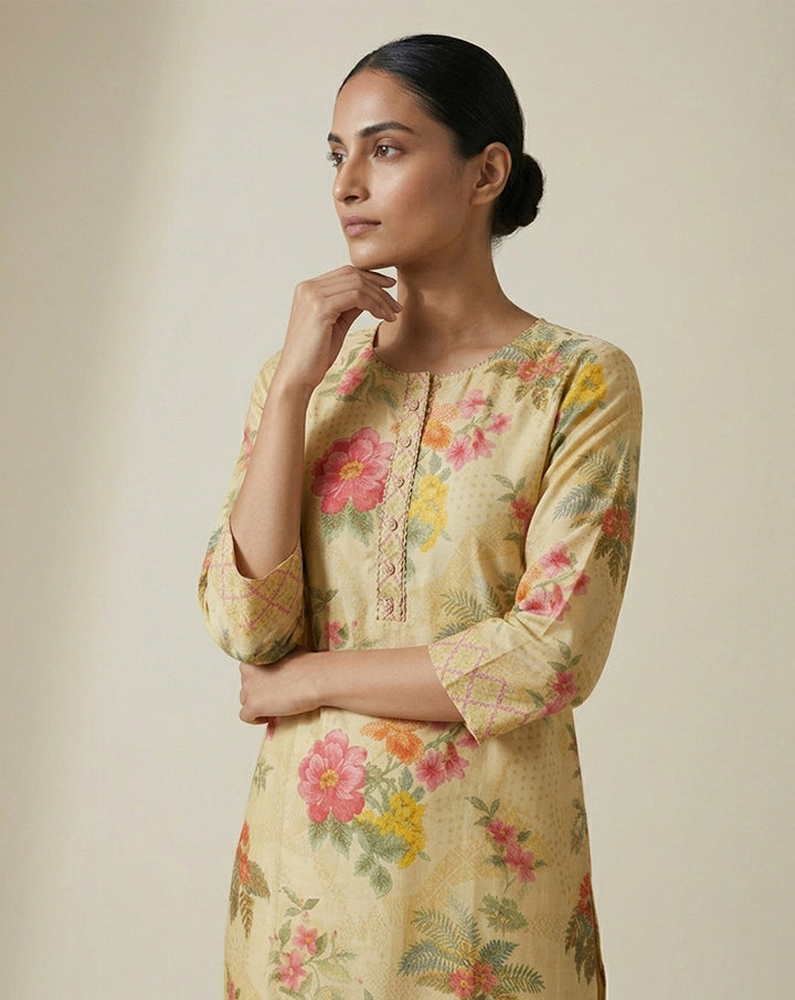 Pastel Yellow Floral Garden Print Straight Kurti