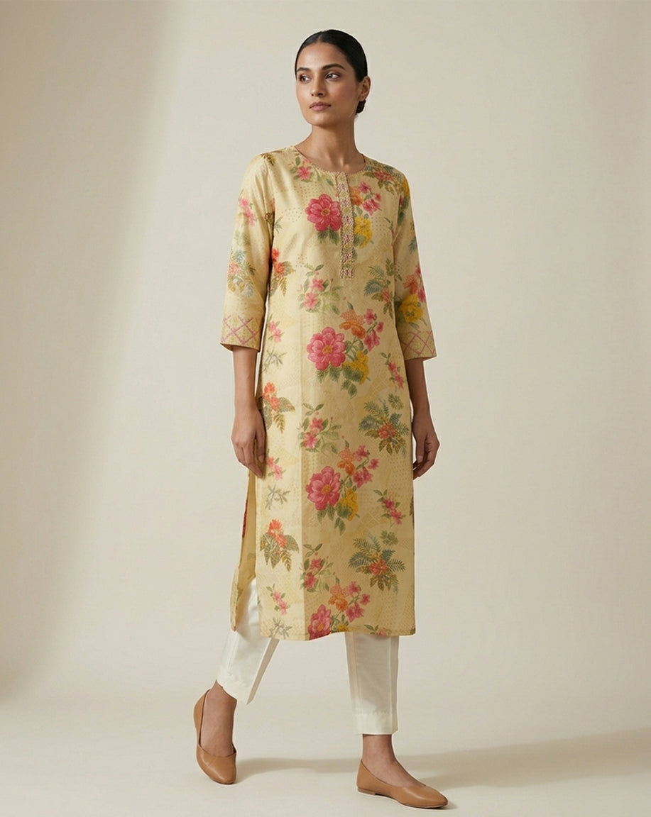 Pastel Yellow Floral Garden Print Straight Kurti