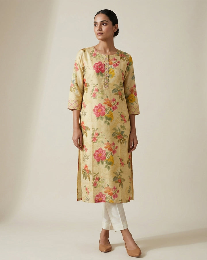Pastel Yellow Floral Garden Print Straight Kurti