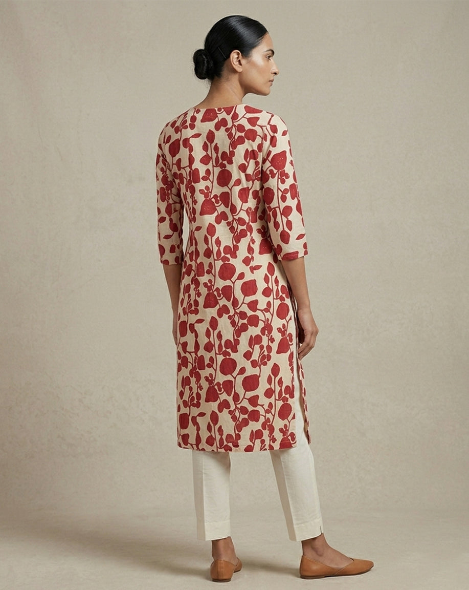 Off-White &amp; Red Botanical Print Straight Kurti