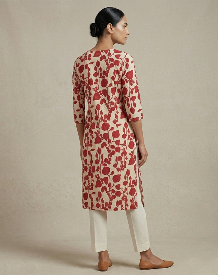 Off-White &amp; Red Botanical Print Straight Kurti
