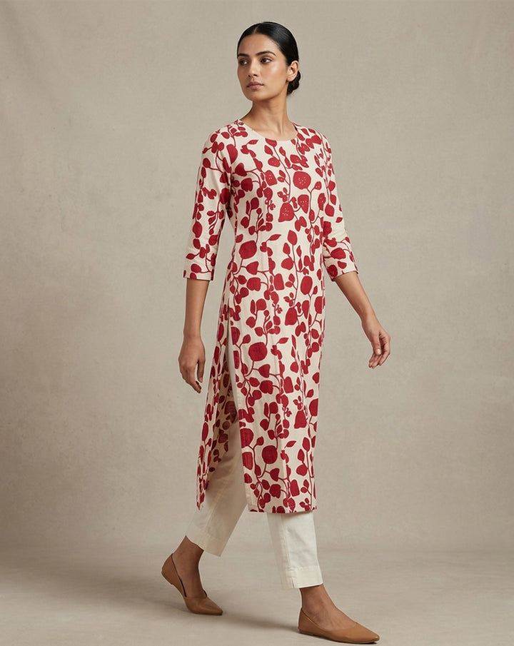 Off-White &amp; Red Botanical Print Straight Kurti