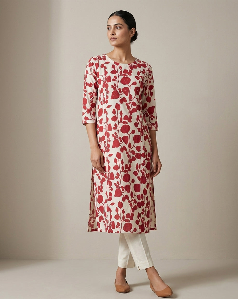 Off-White &amp; Red Botanical Print Straight Kurti