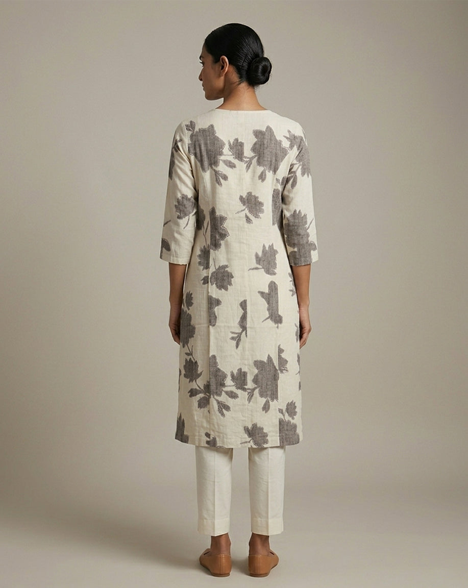 Off-White &amp; Charcoal Grey Floral Block Print Straight Kurti