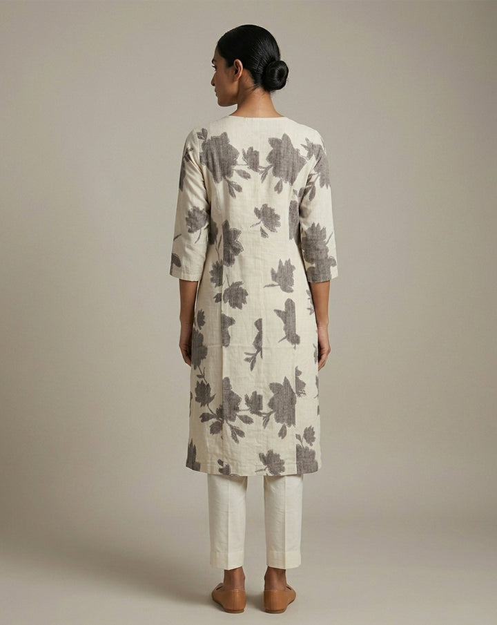 Off-White &amp; Charcoal Grey Floral Block Print Straight Kurti