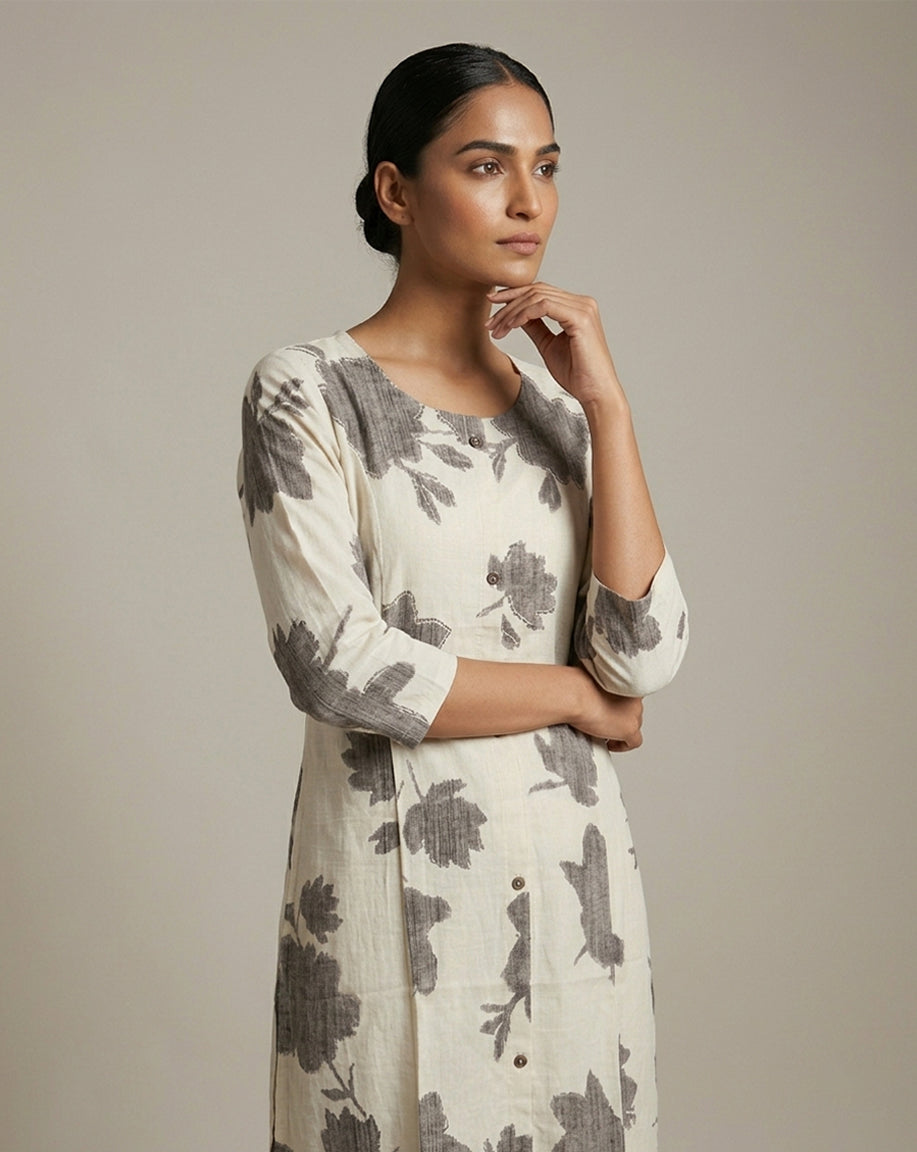 Off-White &amp; Charcoal Grey Floral Block Print Straight Kurti
